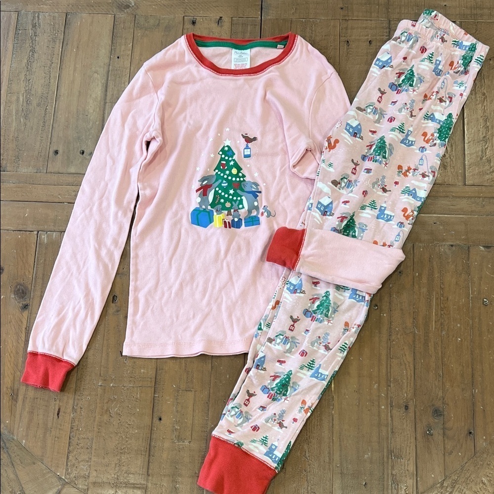 Mini Boden pink woodland Christmas pajamas girls size 12 holiday animals